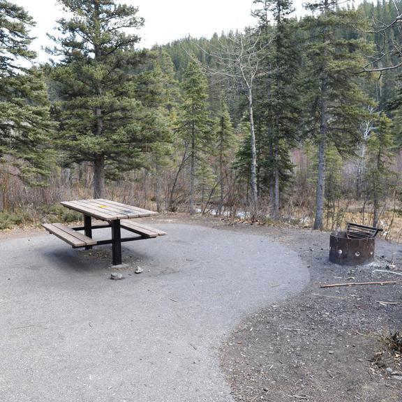 Picnic table and firepit at Mount Lorette Ponds