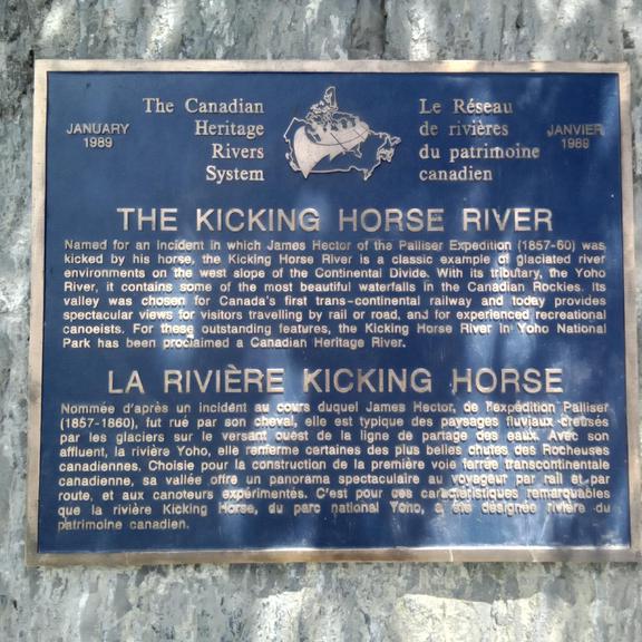 A plaque about the Kicking Horse River in Field