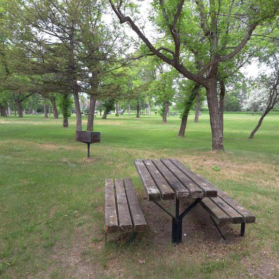 Picnic table and charcoal grill at Lions Park in Moose Jaw Saskatchewan