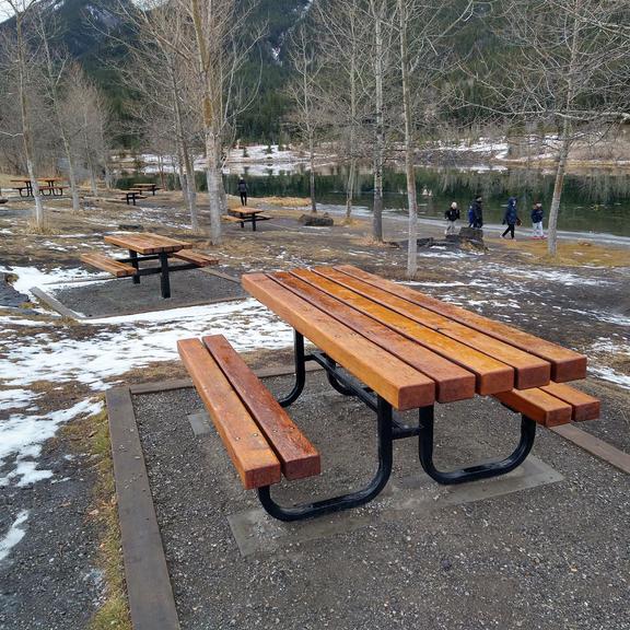 Picnic tables at Quarry Lake in Canmore