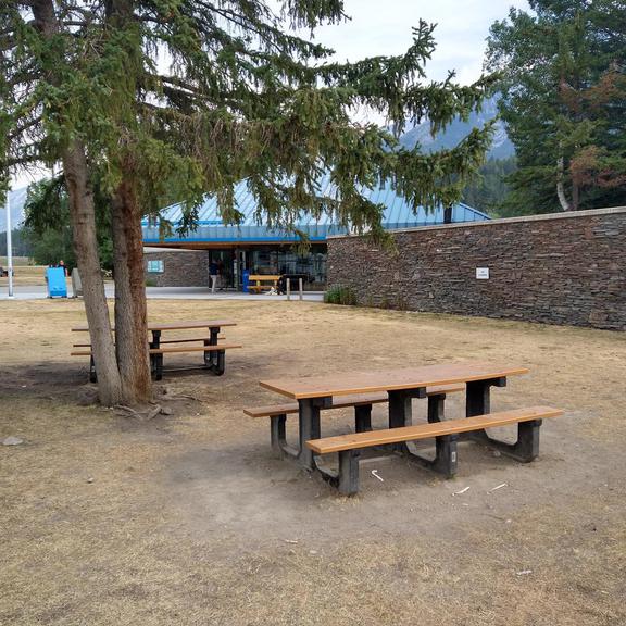 Picnic tables at Canmore's Visitor Centre