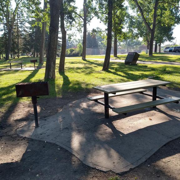 Picnic table and wood grill at Shouldice Park