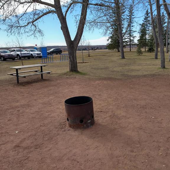 Picnic table and firepit at North Glenmore Park