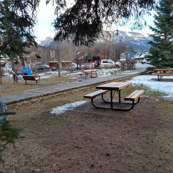 Picnic tables at Canmore's Rotary Friendship Park