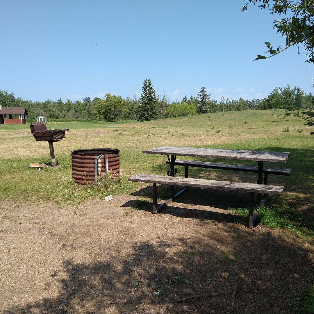 Picnic table, firepit, and charcoal grill at Rainbow Park