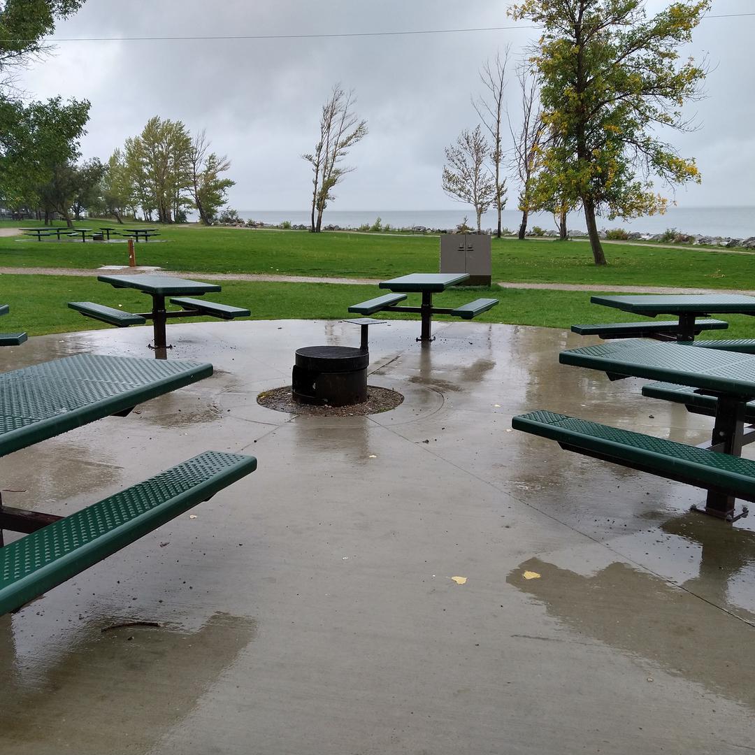 Picnic tables and fire pit at Kinbrook Island Provincial Park