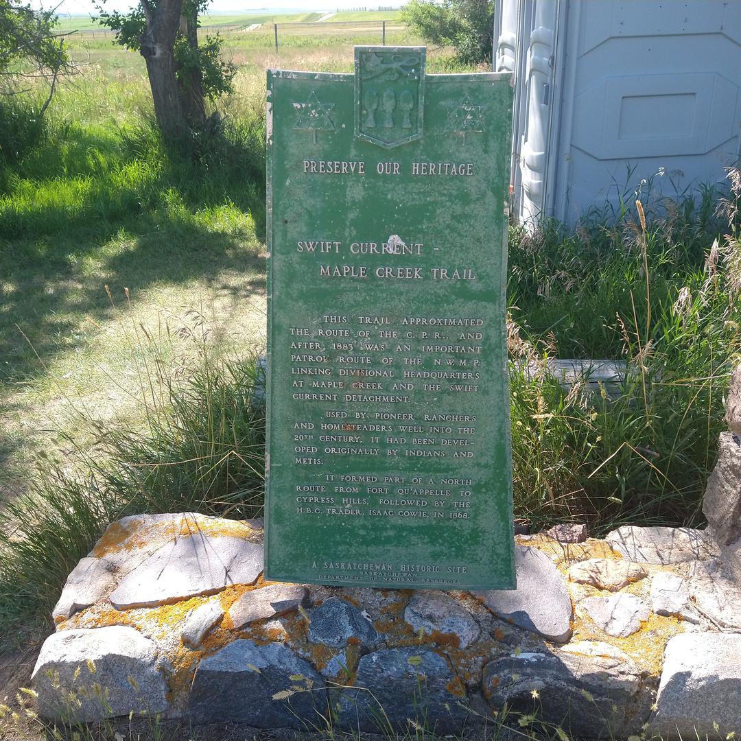 Historic plaque at Gull Lake Rest Area commemorating the Swift Current to Maple Creek trail