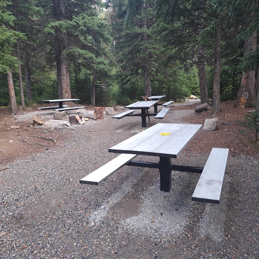 Picnic tables at Elbow Lake Backcountry Campground